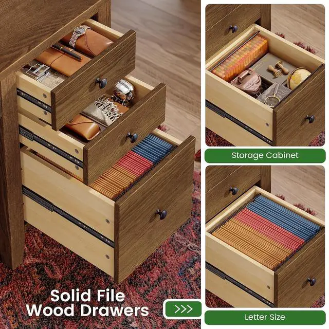 Alt view image 5 of 7 - Solid Pine Wood Computer Desk, 58'' Executive Home Office Desk with 4 Wood Drawers and Storage Shelves for Work Study Writing, Brown