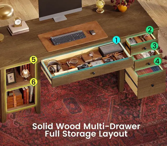Alt view image 6 of 7 - Solid Pine Wood Computer Desk, 58'' Executive Home Office Desk with 4 Wood Drawers and Storage Shelves for Work Study Writing, Brown