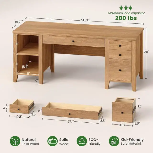 Alt view image 2 of 7 - Solid Pine Wood Computer Desk, 58'' Executive Home Office Desk with 4 Wood Drawers and Storage Shelves for Work Study Writing,Oak