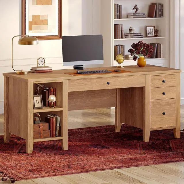 Main image of Solid Pine Wood Computer Desk, 58'' Executive Home Office Desk with 4 Wood Drawers and Storage Shelves for Work Study Writing,Oak