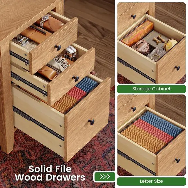 Alt view image 3 of 7 - Solid Pine Wood Computer Desk, 58'' Executive Home Office Desk with 4 Wood Drawers and Storage Shelves for Work Study Writing,Oak