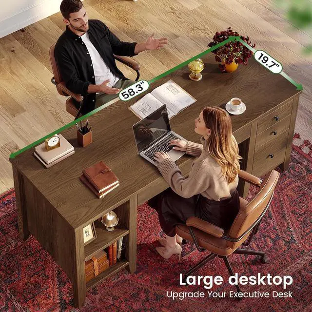 Alt view image 7 of 7 - Solid Pine Wood Computer Desk, 58'' Executive Home Office Desk with 4 Wood Drawers and Storage Shelves for Work Study Writing, Brown
