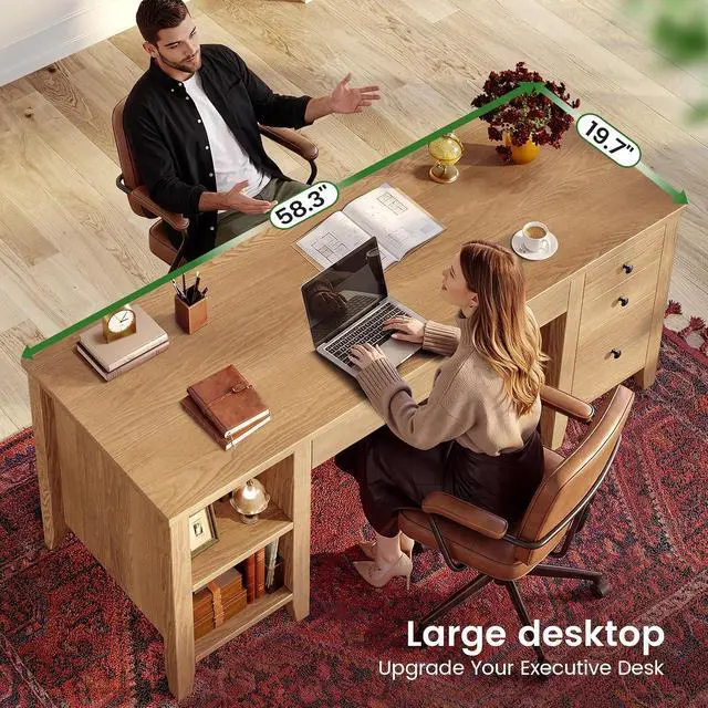 Alt view image 5 of 7 - Solid Pine Wood Computer Desk, 58'' Executive Home Office Desk with 4 Wood Drawers and Storage Shelves for Work Study Writing,Oak