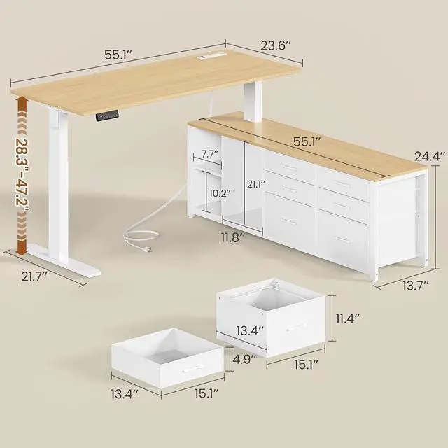 Alt view image 2 of 7 - L Shaped Electric Standing Desk, 55" x 55" Height Adjustable Office Executive Desk with 6 Fabric Drawers and Storage Shelves, Sit Stand Computer Desk with Power Outlet
