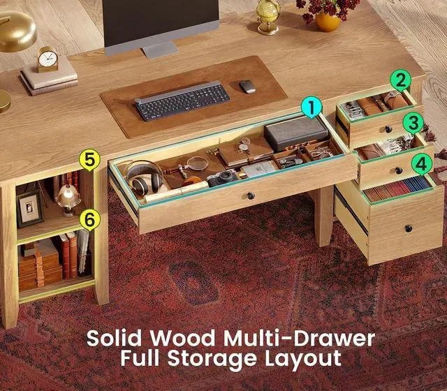 Alt view image 4 of 7 - Solid Pine Wood Computer Desk, 58'' Executive Home Office Desk with 4 Wood Drawers and Storage Shelves for Work Study Writing,Oak