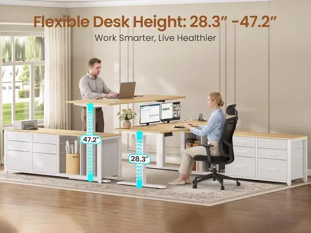 Alt view image 3 of 7 - L Shaped Electric Standing Desk, 55" x 55" Height Adjustable Office Executive Desk with 6 Fabric Drawers and Storage Shelves, Sit Stand Computer Desk with Power Outlet
