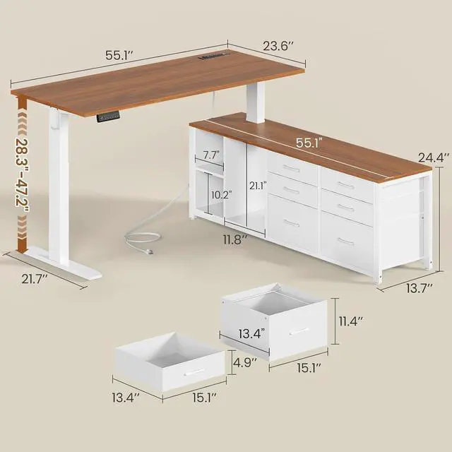 Alt view image 3 of 7 - L Shaped Electric Standing Desk, 55" x 55" Height Adjustable Office Executive Desk with 6 Fabric Drawers and Storage Shelves, Sit Stand Computer Desk with Power Outlet (White + Brown)