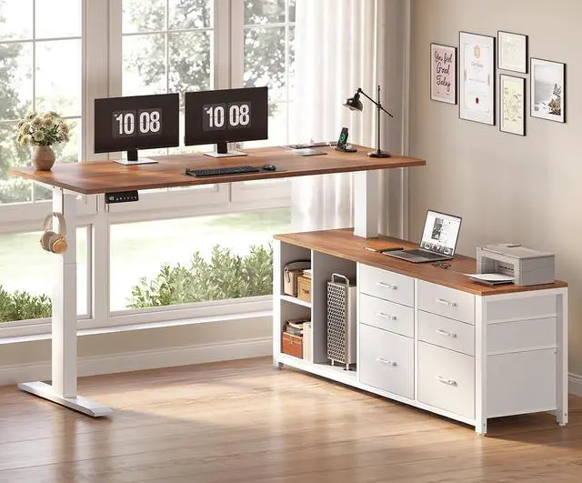 Alt view image 2 of 7 - L Shaped Electric Standing Desk, 55" x 55" Height Adjustable Office Executive Desk with 6 Fabric Drawers and Storage Shelves, Sit Stand Computer Desk with Power Outlet (White + Brown)