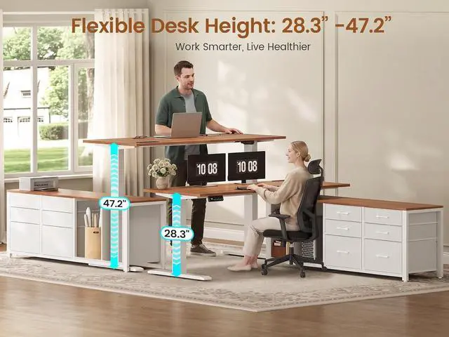 Alt view image 4 of 7 - L Shaped Electric Standing Desk, 55" x 55" Height Adjustable Office Executive Desk with 6 Fabric Drawers and Storage Shelves, Sit Stand Computer Desk with Power Outlet (White + Brown)