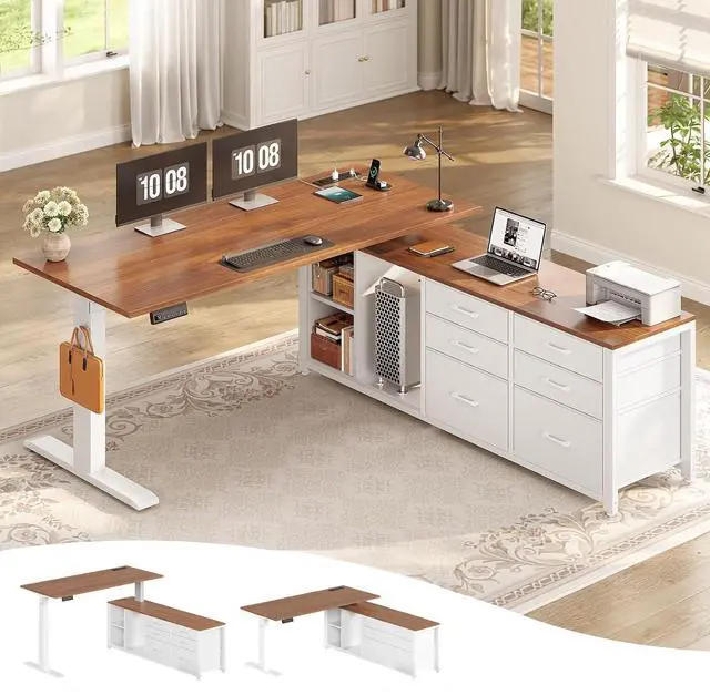 Main image of L Shaped Electric Standing Desk, 55" x 55" Height Adjustable Office Executive Desk with 6 Fabric Drawers and Storage Shelves, Sit Stand Computer Desk with Power Outlet (White + Brown)