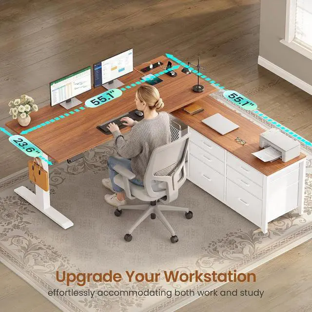 Alt view image 6 of 7 - L Shaped Electric Standing Desk, 55" x 55" Height Adjustable Office Executive Desk with 6 Fabric Drawers and Storage Shelves, Sit Stand Computer Desk with Power Outlet (White + Brown)