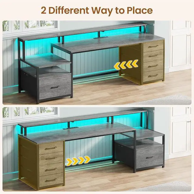 Alt view image 4 of 7 - Home Office Desk with File Drawer & Power Outlet, 66'' Computer Desk with 5 Drawer, Storage Shelves, Printer Cabinet and Monitor Shelf, Gaming Desk with Led Lights, Grey