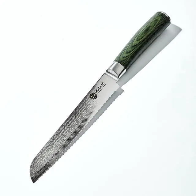 Main image of 8 Inch Japanese Damascus Stainless Steel Bread Knife, Full Tang Construction, Pakkawood Handle