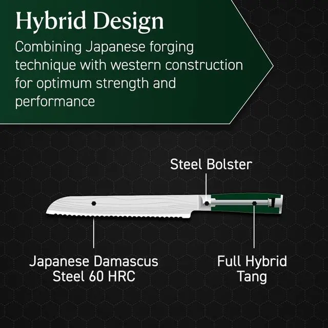 Alt view image 3 of 7 - 8 Inch Japanese Damascus Stainless Steel Bread Knife, Full Tang Construction, Pakkawood Handle