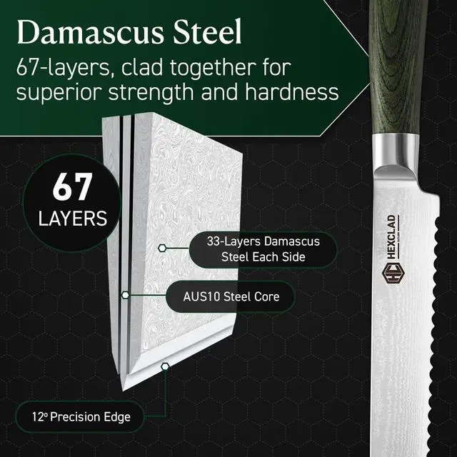 Alt view image 4 of 7 - 8 Inch Japanese Damascus Stainless Steel Bread Knife, Full Tang Construction, Pakkawood Handle