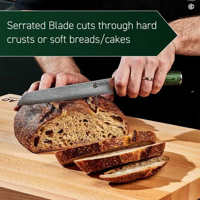 Alt view image 6 of 7 - 8 Inch Japanese Damascus Stainless Steel Bread Knife, Full Tang Construction, Pakkawood Handle