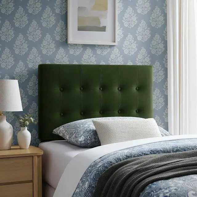 Main image of Emily Twin Size Performance Velvet Headboard in Moss Green - Stain-Resistant Velvet Upholstery with Button Tufting and 7 Adjustable Height Positions