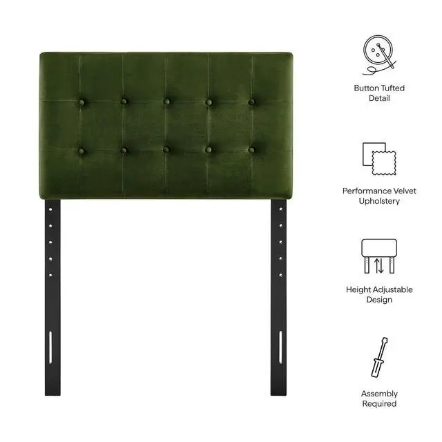 Alt view image 4 of 7 - Emily Twin Size Performance Velvet Headboard in Moss Green - Stain-Resistant Velvet Upholstery with Button Tufting and 7 Adjustable Height Positions
