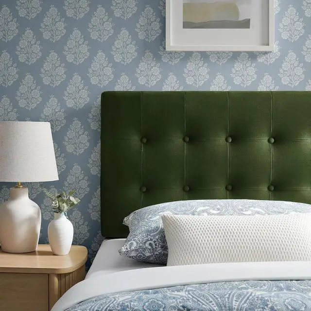 Alt view image 5 of 7 - Emily Twin Size Performance Velvet Headboard in Moss Green - Stain-Resistant Velvet Upholstery with Button Tufting and 7 Adjustable Height Positions