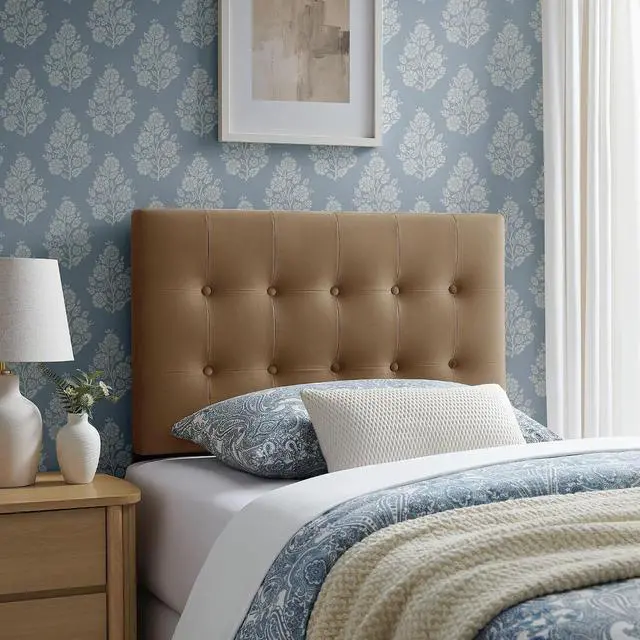 Main image of Emily Twin Size Performance Velvet Headboard in Taupe - Stain-Resistant Velvet Upholstery with Button Tufting and 7 Adjustable Height Positions