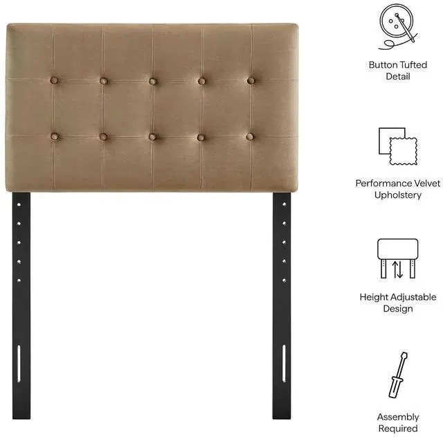 Alt view image 4 of 7 - Emily Twin Size Performance Velvet Headboard in Taupe - Stain-Resistant Velvet Upholstery with Button Tufting and 7 Adjustable Height Positions