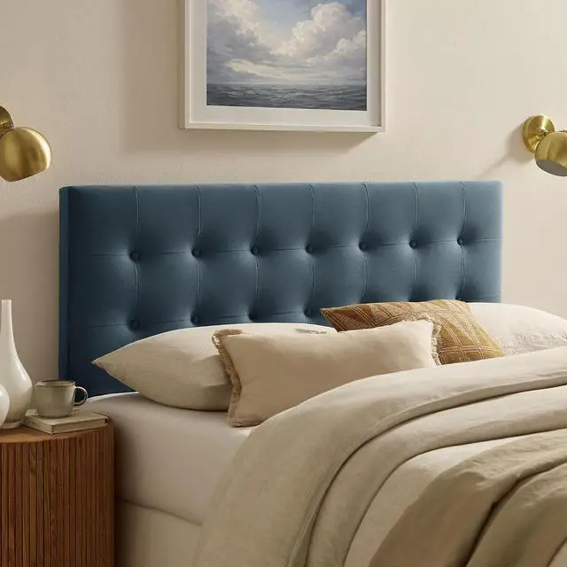 Main image of Emily Queen Size Performance Velvet Headboard in Cadet Blue - Stain-Resistant Velvet Upholstery with Button Tufting and 7 Adjustable Height Positions