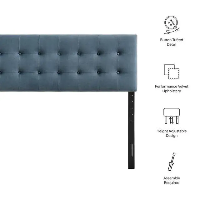 Alt view image 4 of 7 - Emily Queen Size Performance Velvet Headboard in Cadet Blue - Stain-Resistant Velvet Upholstery with Button Tufting and 7 Adjustable Height Positions