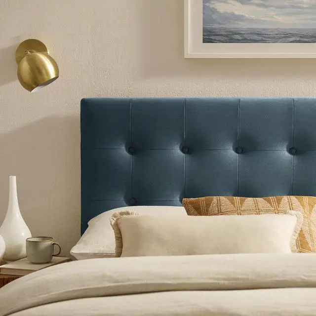 Alt view image 5 of 7 - Emily Queen Size Performance Velvet Headboard in Cadet Blue - Stain-Resistant Velvet Upholstery with Button Tufting and 7 Adjustable Height Positions