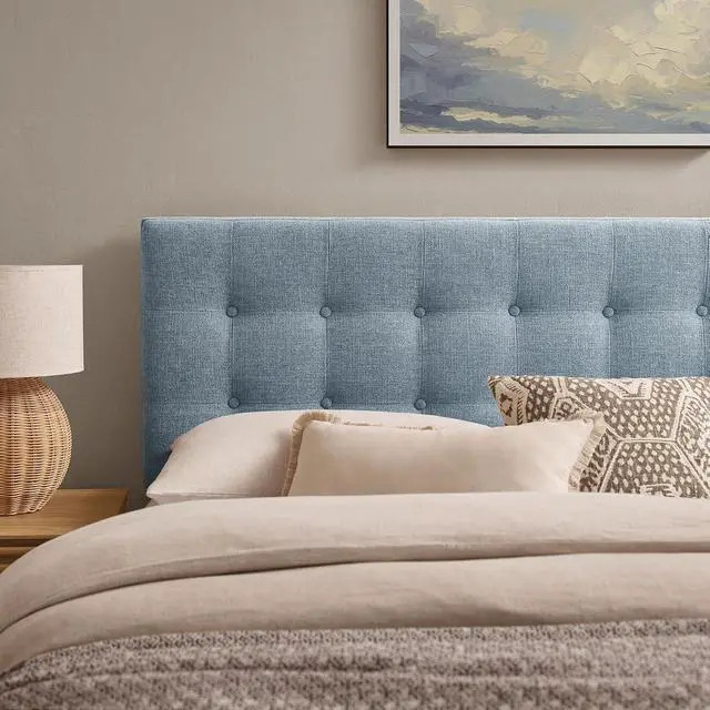 Alt view image 5 of 7 - Emily King Size Fabric Headboard in Sky Blue - Linen-Like Upholstery with Button Tufting and 7 Adjustable Height Positions