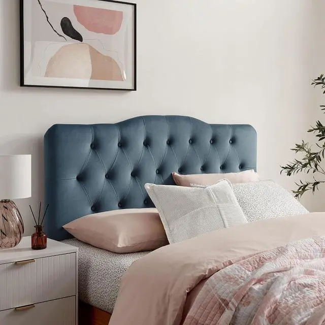 Main image of Annabel Performance Velvet Adjustable Queen Headboard in Cadet Blue - Stain-Resistant Padded Headboard Only with Diamond Button Tufting and 7 Height-Adjustable Positions