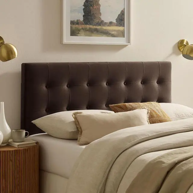 Main image of Emily King Size Performance Velvet Headboard in Chocolate Brown - Stain-Resistant Velvet Upholstery with Button Tufting and 7 Adjustable Height Positions