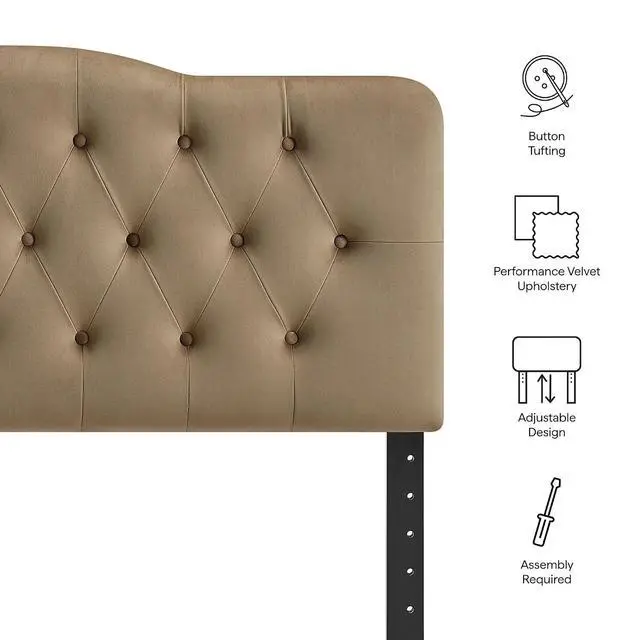 Alt view image 4 of 7 - Annabel Performance Velvet Adjustable King Headboard in Taupe - Stain-Resistant Padded Headboard Only with Diamond Button Tufting and 7 Height-Adjustable Positions