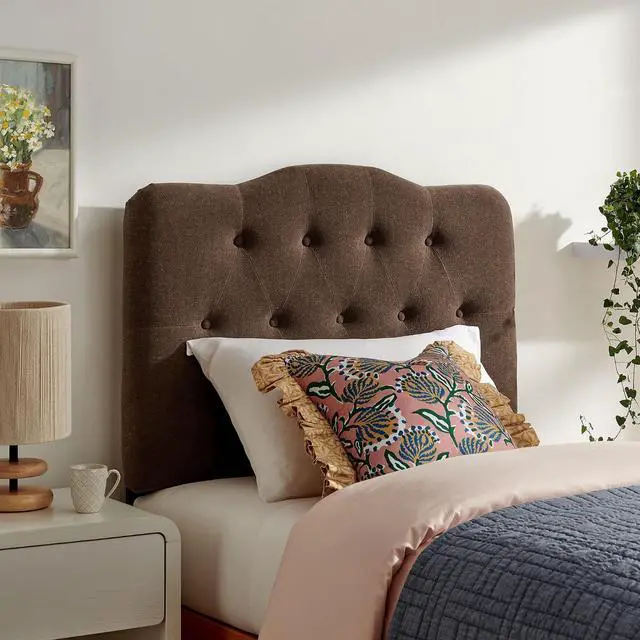 Main image of Annabel Premium Linen Blend Twin Headboard in Cocoa - Soft Fabric Headboard Only with Diamond Button Tufting and 7 Height-Adjustable Positions