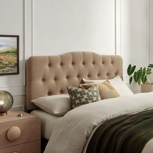 Main image of Annabel Premium Linen Blend Full Headboard in Almond - Soft Fabric Headboard Only with Diamond Button Tufting and 7 Height-Adjustable Positions