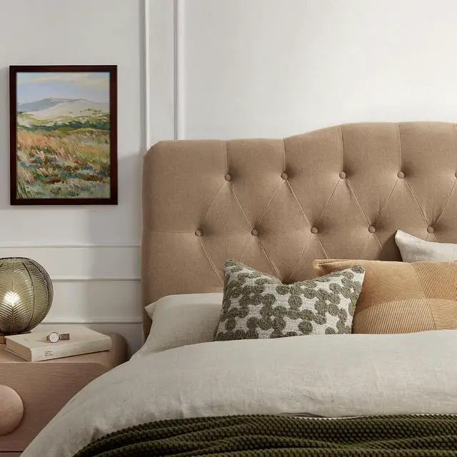 Alt view image 5 of 7 - Annabel Premium Linen Blend Full Headboard in Almond - Soft Fabric Headboard Only with Diamond Button Tufting and 7 Height-Adjustable Positions