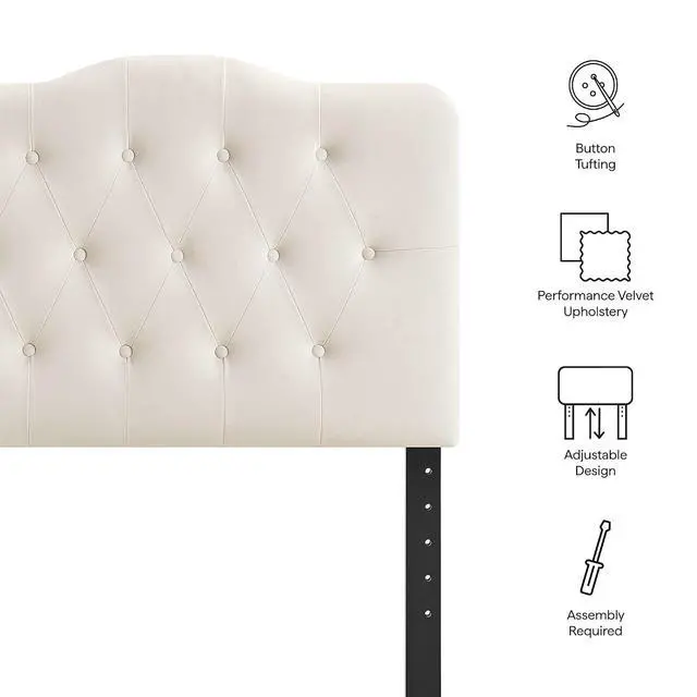 Alt view image 4 of 7 - Annabel Performance Velvet Adjustable Twin Headboard in Alabaster - Stain-Resistant Padded Headboard Only with Diamond Button Tufting and 7 Height-Adjustable Positions