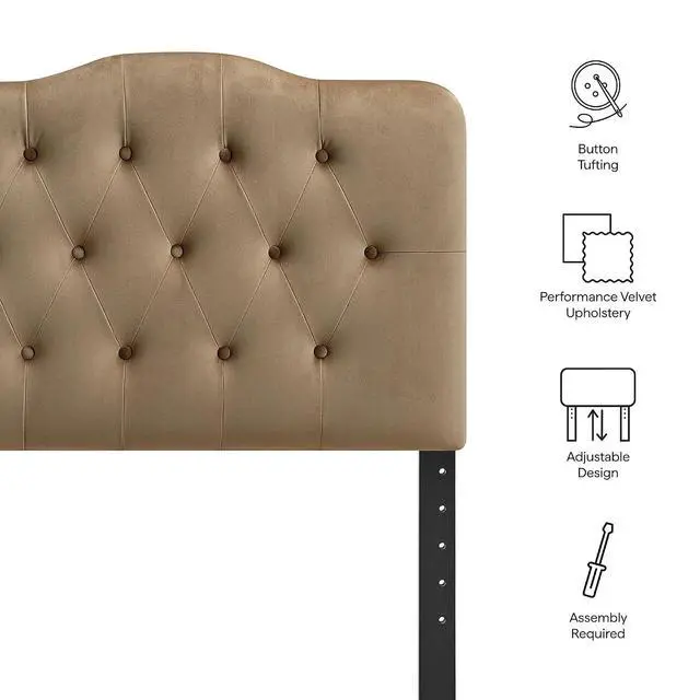 Alt view image 4 of 7 - Annabel Performance Velvet Adjustable Twin Headboard in Taupe - Stain-Resistant Padded Headboard Only with Diamond Button Tufting and 7 Height-Adjustable Positions
