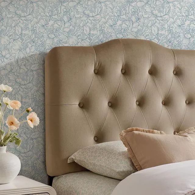 Alt view image 5 of 7 - Annabel Performance Velvet Adjustable Twin Headboard in Taupe - Stain-Resistant Padded Headboard Only with Diamond Button Tufting and 7 Height-Adjustable Positions