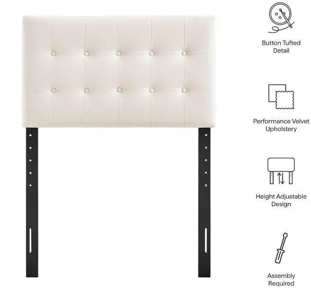 Alt view image 4 of 7 - Emily Twin Size Performance Velvet Headboard in Alabaster - Stain-Resistant Velvet Upholstery with Button Tufting and 7 Adjustable Height Positions