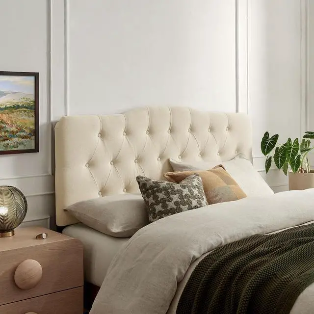 Main image of Annabel Premium Linen Blend Full Headboard in Linen - Soft Fabric Headboard Only with Diamond Button Tufting and 7 Height-Adjustable Positions