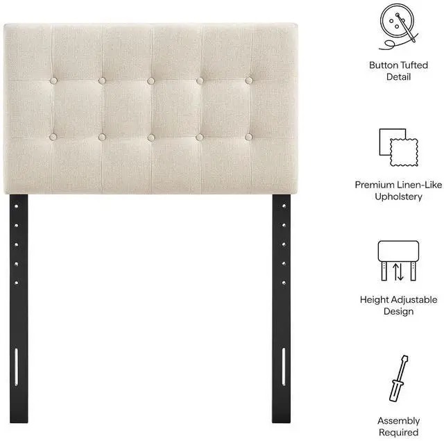Alt view image 4 of 7 - Emily Twin Size Fabric Headboard in Ecru - Linen-Like Upholstery with Button Tufting and 7 Adjustable Height Positions