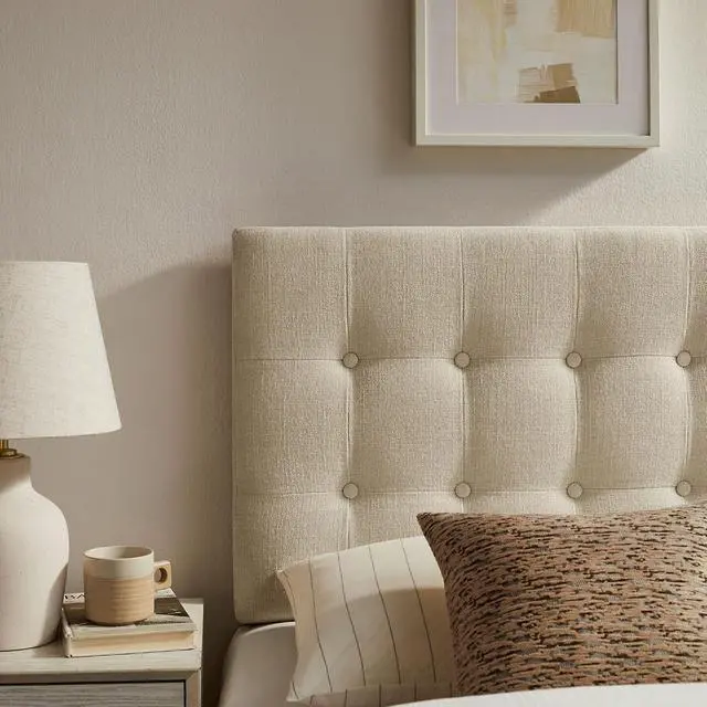Alt view image 5 of 7 - Emily Twin Size Fabric Headboard in Ecru - Linen-Like Upholstery with Button Tufting and 7 Adjustable Height Positions