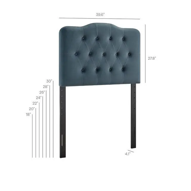 Alt view image 2 of 7 - Annabel Performance Velvet Adjustable Twin Headboard in Cadet Blue - Stain-Resistant Padded Headboard Only with Diamond Button Tufting and 7 Height-Adjustable Positions