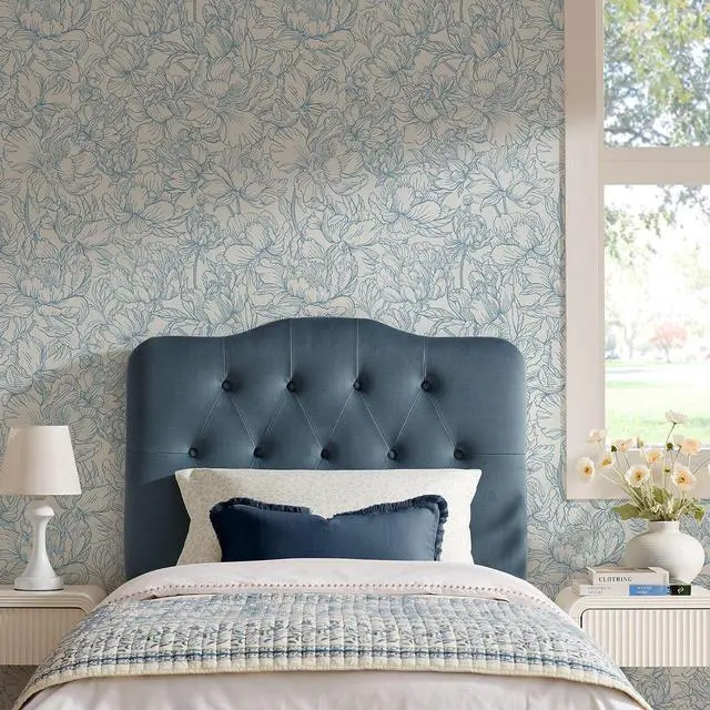 Main image of Annabel Performance Velvet Adjustable Twin Headboard in Cadet Blue - Stain-Resistant Padded Headboard Only with Diamond Button Tufting and 7 Height-Adjustable Positions