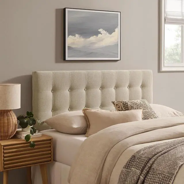 Main image of Emily Full Size Performance Fabric Headboard in Ecru - Linen-Like Upholstery with Button Tufting and 7 Adjustable Height Positions