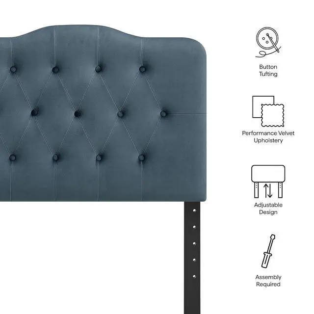 Alt view image 4 of 7 - Annabel Performance Velvet Adjustable Twin Headboard in Cadet Blue - Stain-Resistant Padded Headboard Only with Diamond Button Tufting and 7 Height-Adjustable Positions