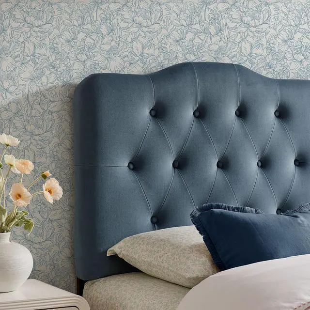 Alt view image 5 of 7 - Annabel Performance Velvet Adjustable Twin Headboard in Cadet Blue - Stain-Resistant Padded Headboard Only with Diamond Button Tufting and 7 Height-Adjustable Positions
