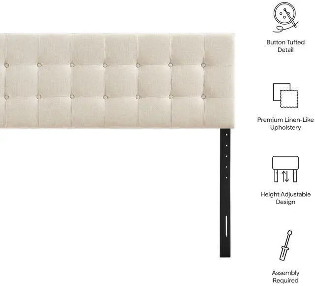 Alt view image 4 of 7 - Emily Full Size Performance Fabric Headboard in Ecru - Linen-Like Upholstery with Button Tufting and 7 Adjustable Height Positions