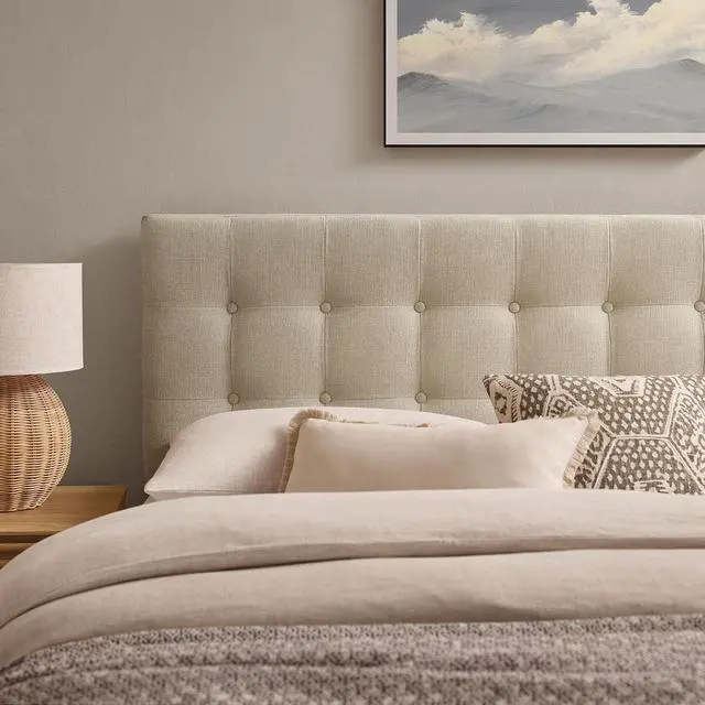 Alt view image 5 of 7 - Emily Full Size Performance Fabric Headboard in Ecru - Linen-Like Upholstery with Button Tufting and 7 Adjustable Height Positions