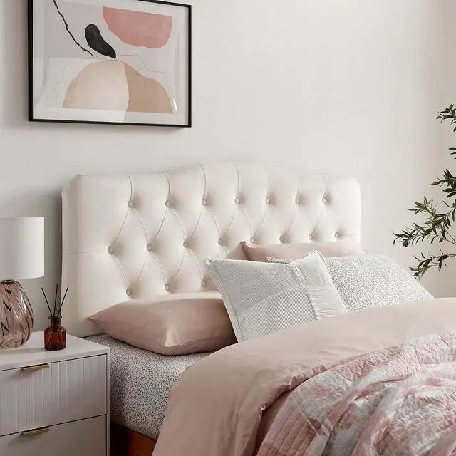 Main image of Annabel Performance Velvet Adjustable Queen Headboard in Alabaster - Stain-Resistant Padded Headboard Only with Diamond Button Tufting and 7 Height-Adjustable Positions